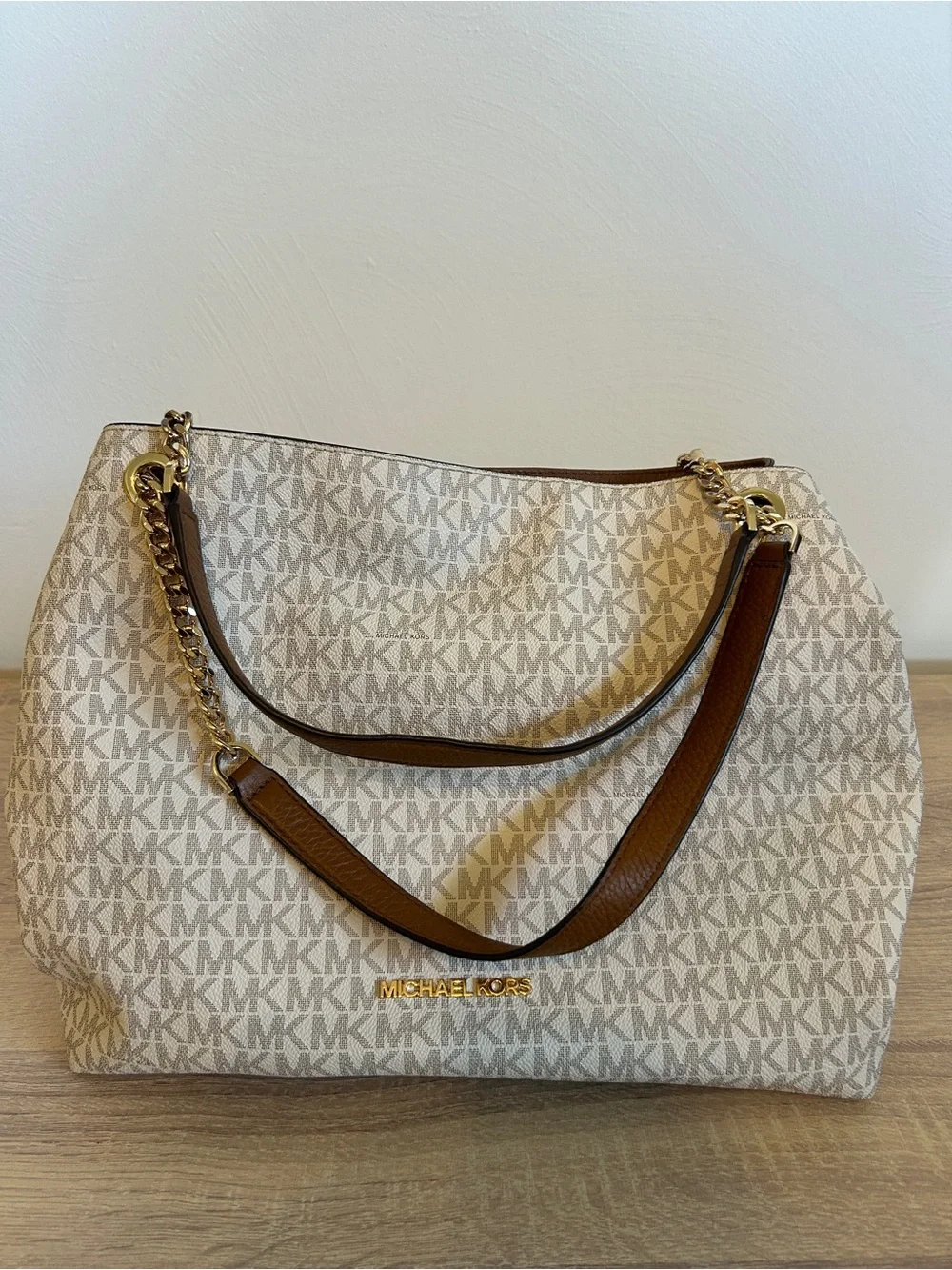 Michael Kors Cream and Brown Logo Tote Shoulder Bag
